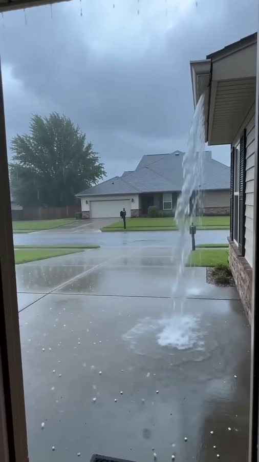 Water pouring off a roof during a storm